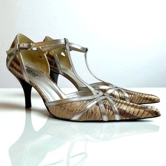 Carlos Santana Taupe and Silver T-Strap Revenge Heels Size 8 M Pointed Toe - Picture 1 of 9